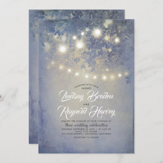 Stoffig Blauw Bruiloft | Rustieke String Lights Kaart (Voorkant / Achterkant)