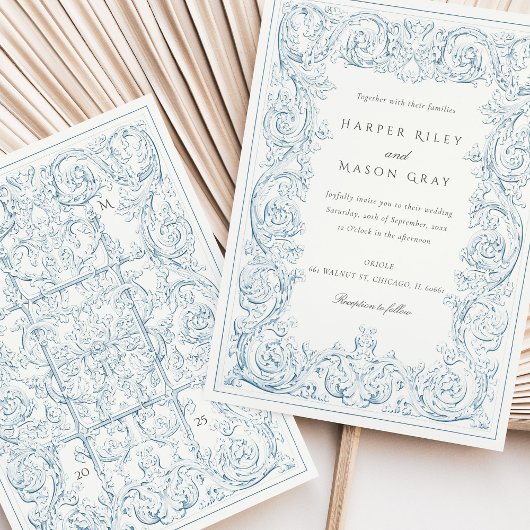 stoffig blauw bruiloft scrollwork kaart