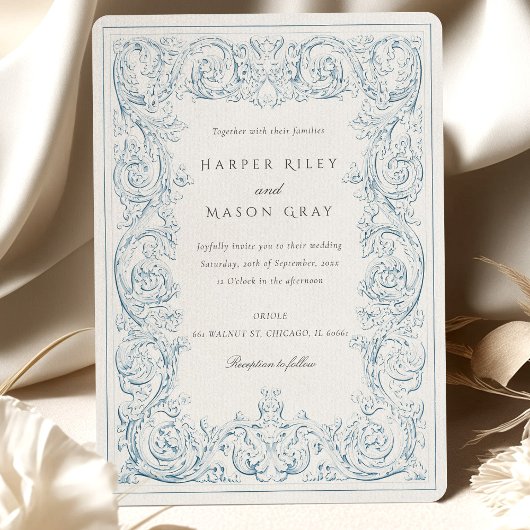 stoffig blauw bruiloft scrollwork kaart