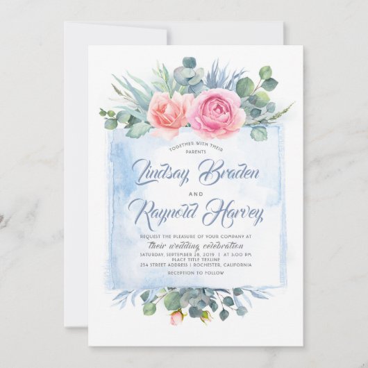 Stoffig Blauw Bruiloft | Slate Blue en Blush Pink Kaart (Voorkant)