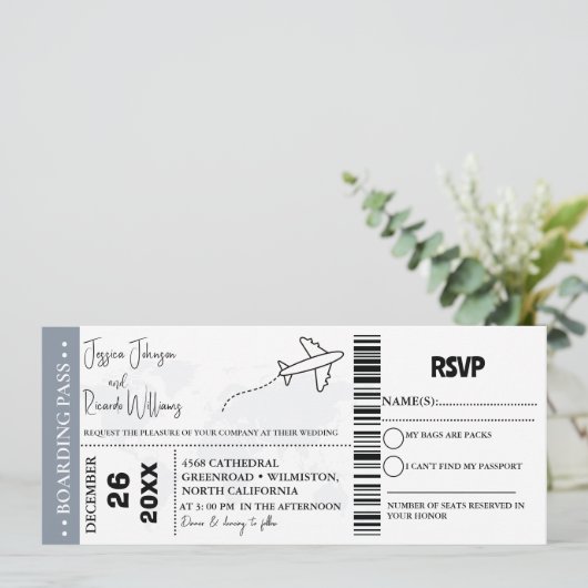 Stoffig blauw Bruiloft uitnodiging Boarding pass t (Staand voorkant)