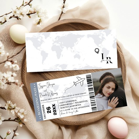 Stoffig blauw Bruiloft uitnodiging Boarding pass t