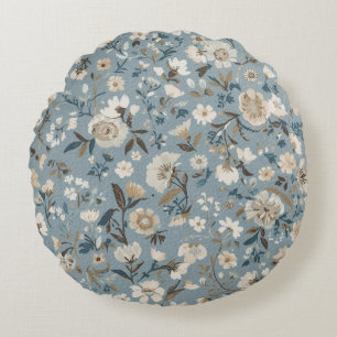 Stoffig Blauw Bruine Crème Cottage Bloemmotief Rond Kussen