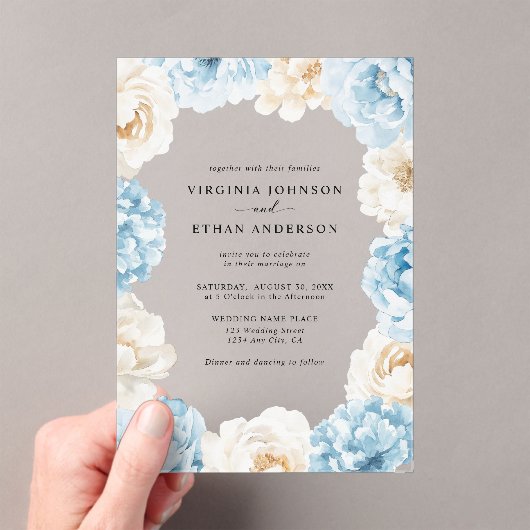 Stoffig Blauw Champagne Ivoor Pioenen Bloemen Huwe Acryl Uitnodigingen (Insitu (Draagbaar))