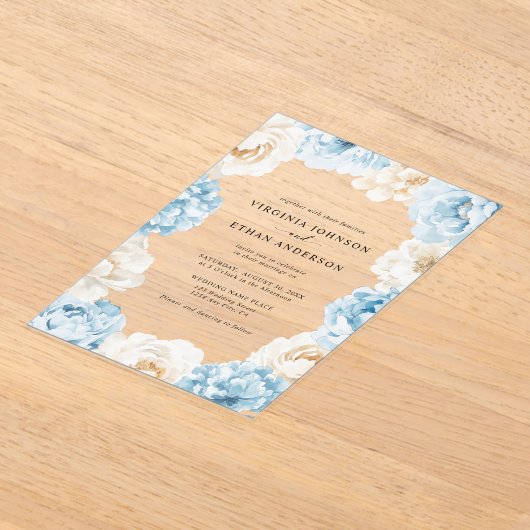 Stoffig Blauw Champagne Ivoor Pioenen Bloemen Huwe Acryl Uitnodigingen (Laagn)