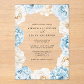 Stoffig Blauw Champagne Ivoor Pioenen Bloemen Huwe Acryl Uitnodigingen (Voorkant)