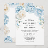 Stoffig Blauw Champagne Ivoor Pioenen Bloemen Huwe Kaart (Voorkant / Achterkant)