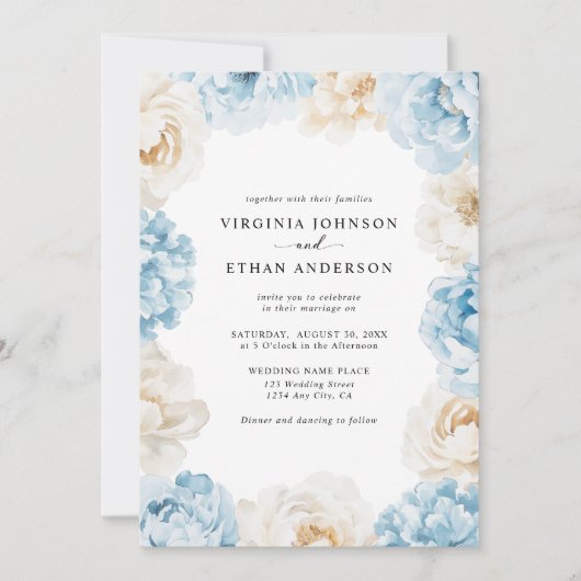 Stoffig Blauw Champagne Ivoor Pioenen Bloemen Huwe Kaart (Voorkant)