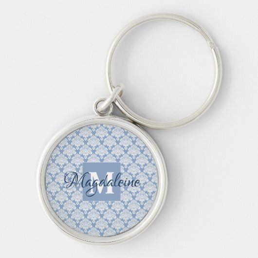  Stoffig Blauw Damast Monogram & Naam Sleutelhanger (Voorkant)