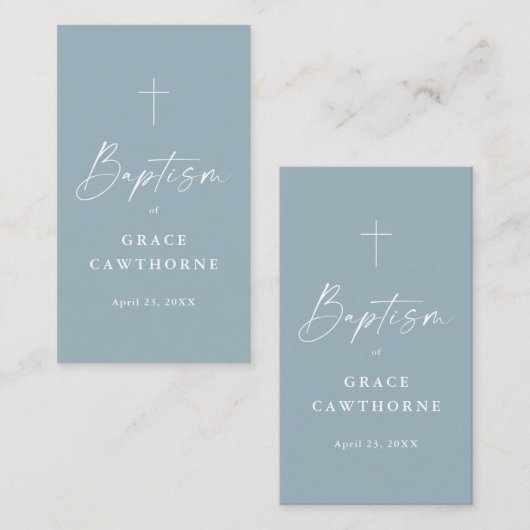 Stoffig blauw doopsel gunst tag plaatskaartje (Voorkant / Achterkant)