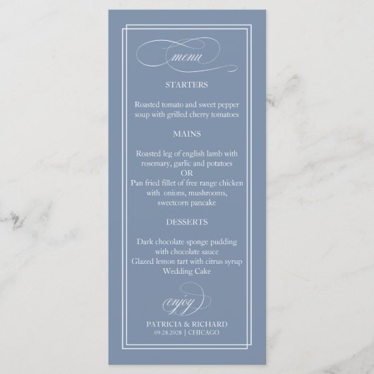 Stoffig Blauw Eenvoudig Elegant 4x9 Bruiloft Menu (Voorkant)