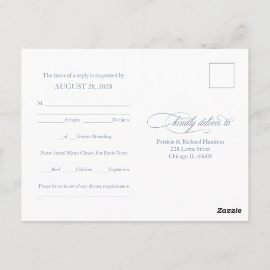 Stoffig Blauw Eenvoudig Elegant Bruiloft RSVP Brie Briefkaart (Achterkant)