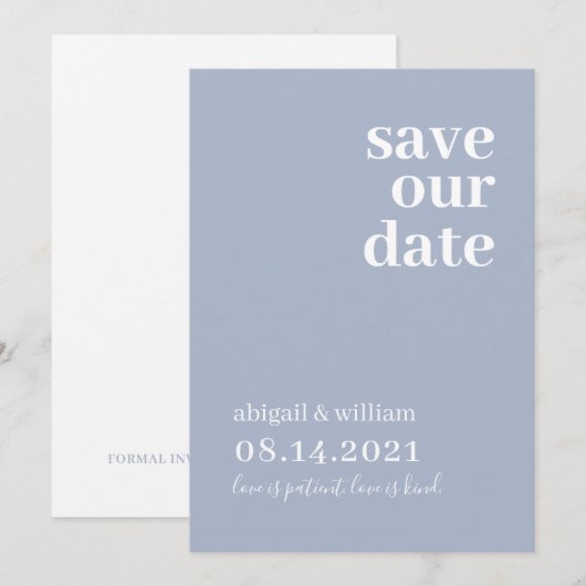 Stoffig Blauw Eenvoudig Modern Niet Foto Bruiloft Save The Date (Voorkant / Achterkant)