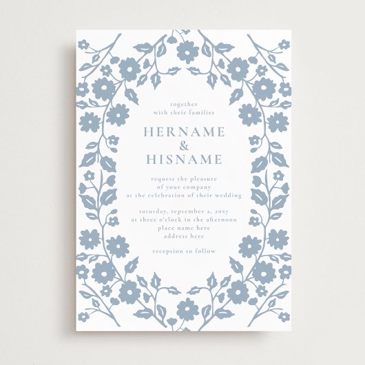 Stoffig Blauw Eenvoudig Wit Folk Bloemen Huwelijk Kaart