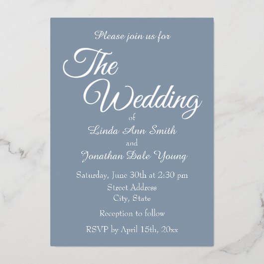 Stoffig Blauw Eenvoudige Stijl Huwelijk Folie Uitnodiging (Voorkant)