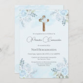 Stoffig blauw eerste communie uitnodiging in het S (Voorkant / Achterkant)