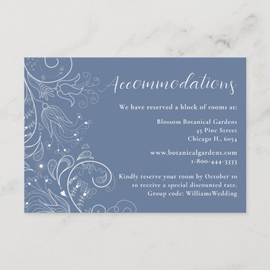 Stoffig Blauw Elegant Bloemen Bruiloft Accommodati Informatiekaartje (Voorkant)