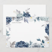Stoffig blauw elegant bloemenmonogram notitiekaartje (Voorkant / Achterkant)