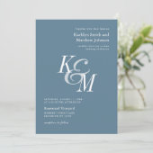 Stoffig Blauw Elegant Klassiek Monogram Bruiloft Kaart (Staand voorkant)