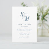 Stoffig Blauw Elegant Klassiek Monogram Bruiloft Save The Date (Staand voorkant)