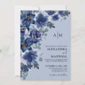 Stoffig Blauw Elegant Modern Bloemen Bruiloft Kaart (Voorkant)