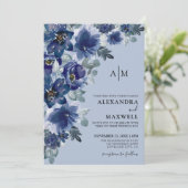 Stoffig Blauw Elegant Modern Bloemen Bruiloft Kaart (Staand voorkant)