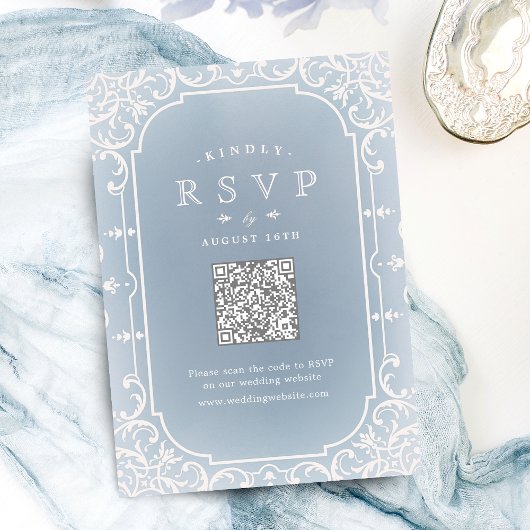 Stoffig blauw elegant romantisch  QR-code RSVP Kaartje