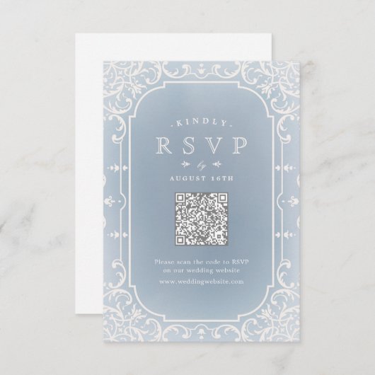 Stoffig blauw elegant romantisch  QR-code RSVP Kaartje (Voorkant / Achterkant)
