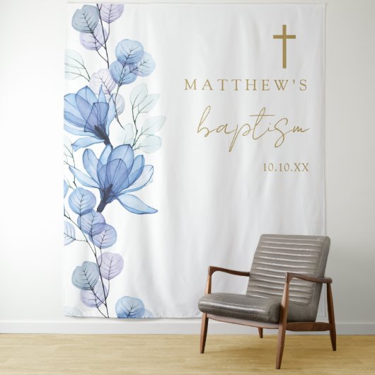 Stoffig Blauw Elegante Bloemdoop Foto Achtergrond Wandkleed (In situ)