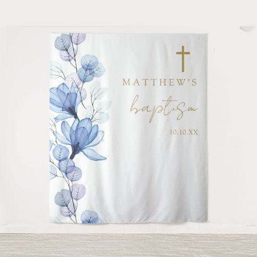 Stoffig Blauw Elegante Bloemdoop Foto Achtergrond Wandkleed (Voorkant)