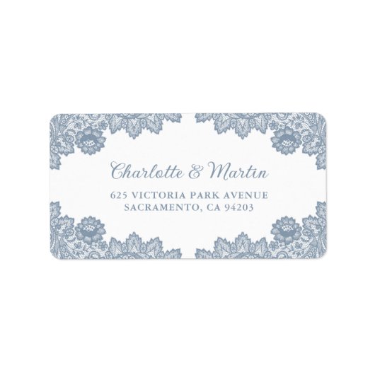 Stoffig Blauw Elegante Bloemen Kant Wedding Etiket (Voorkant)
