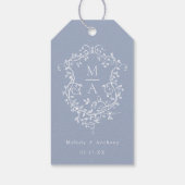 Stoffig Blauw Elegante Franse Floral Crest Wedding Cadeaulabel (Achterkant)