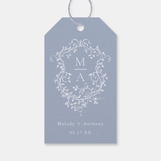 Stoffig Blauw Elegante Franse Floral Crest Wedding Cadeaulabel (Achterkant)