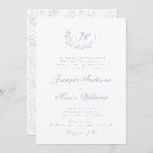 Stoffig blauw elegante klassieke bruiloft uitnodig kaart (Voorkant / Achterkant)