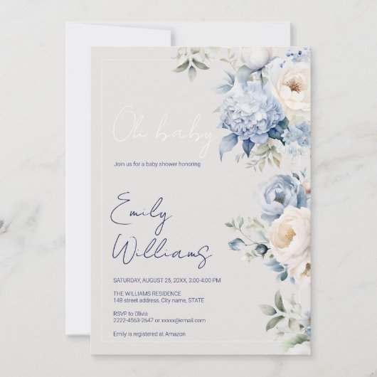 Stoffig blauw en beige baby shower uitnodiging (Voorkant)