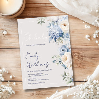 Stoffig blauw en beige baby shower uitnodiging