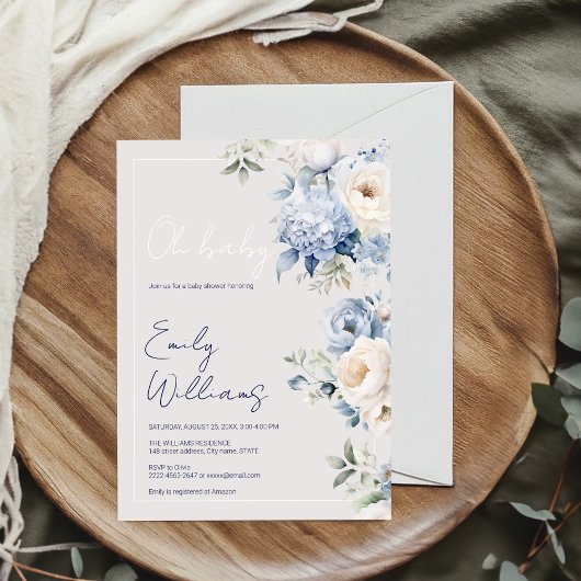 Stoffig blauw en beige baby shower uitnodiging