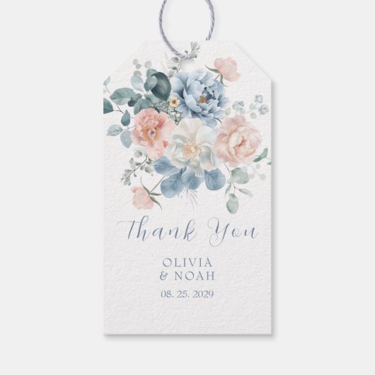 Stoffig Blauw en Blush Roze Bloementuin Trouwen Cadeaulabel (Achterkant)
