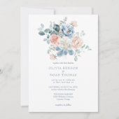 Stoffig Blauw en Blush Roze Bloementuin Trouwen Kaart (Voorkant)