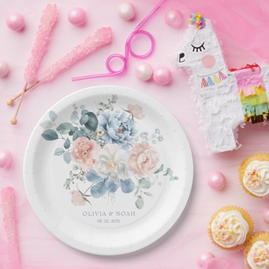 Stoffig Blauw en Blush Roze Bloementuin Trouwen Papieren Bordje (Feest)