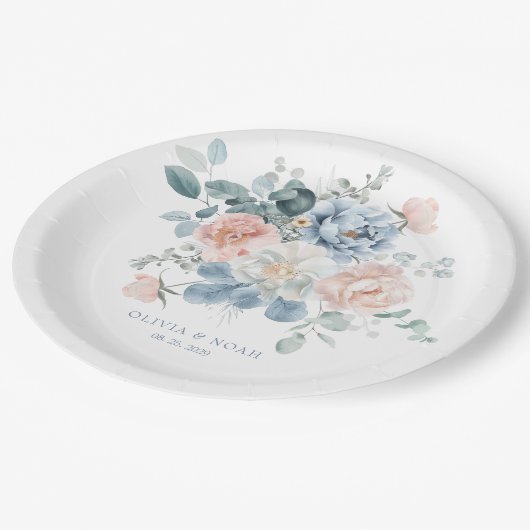 Stoffig Blauw en Blush Roze Bloementuin Trouwen Papieren Bordje (Gekanteld)