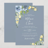 Stoffig Blauw en Geel Botanische Bloemen Bruiloft Kaart (Voorkant / Achterkant)