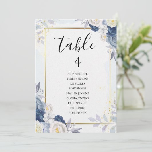 Stoffig Blauw en Goud Bloemen Trouwstoel Kaart (Staand voorkant)