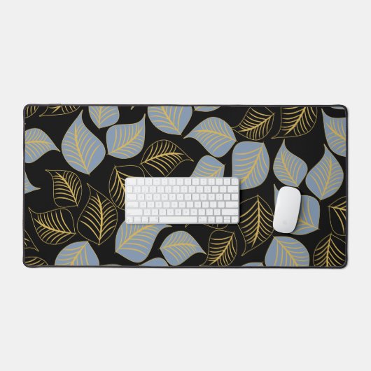 Stoffig blauw en goud breed blad patroon op zwart bureaumat (Keyboard & Muis)