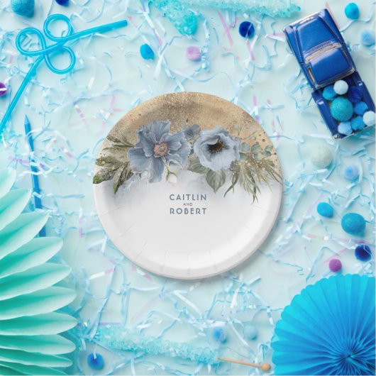 Stoffig Blauw en Goud Glitter Elegant Modern Papieren Bordje (Feest)