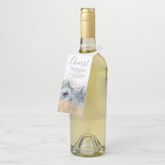 Stoffig Blauw en Goud Glitter Moderne Bruiloft Flessenhanger (Schuin)