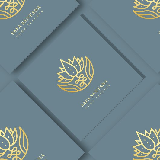 Stoffig Blauw en Goud Lotus Bloem Yoga Docent Vierkante Visitekaartje