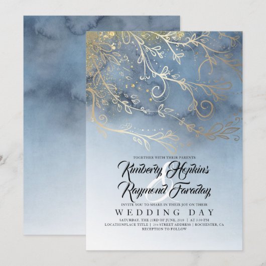 Stoffig Blauw en Goud Modern Waterverf Bruiloft Kaart (Voorkant / Achterkant)