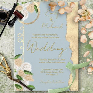 Stoffig Blauw en Goud Rustiek Boho Bloemen Huwelij Kaart