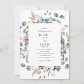 Stoffig blauw en groen Zalige bloemenbruiloft Kaart (Voorkant)